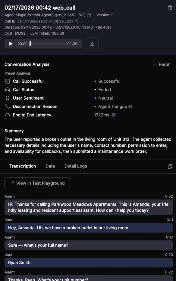 AI Call Summary - Broken outlet maintenance request successfully handled