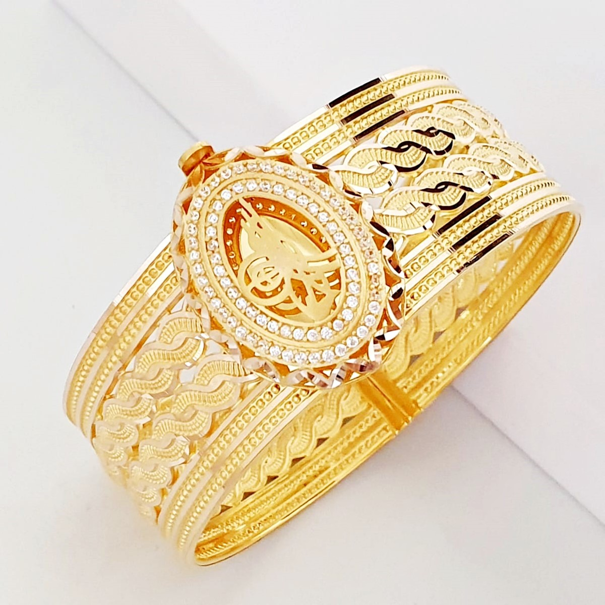 Tuğra Tokalı Çift Sarmaşık 14 Ayar Kelepçe Bilezik