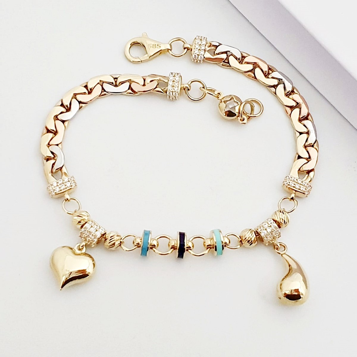 Bombeli Kalp & Su Damlası Altın Charm Bileklik