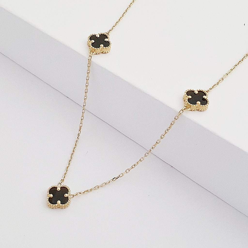 Yonca Motifli 14 Ayar Altın Siyah Sedef Kolye