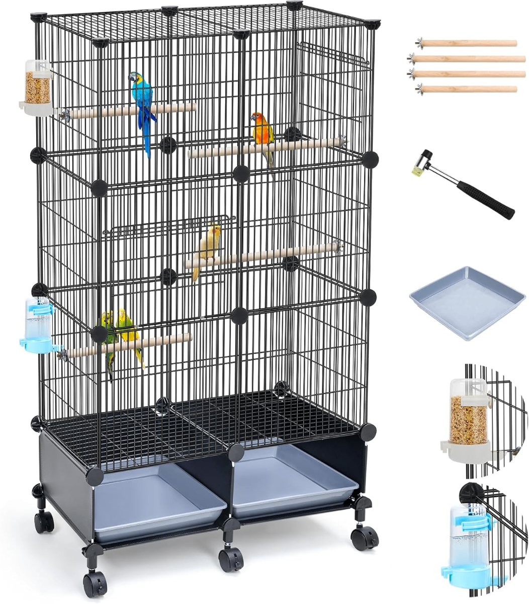 VISCOO Large Multi-Level Bird Cage – 3-Tier Modular Aviary with Slide-Out Trays, Perches & Wheels for Parakeets & Cockatiels - Birds VISCOO Large Multi-Level Bird Cage – 3-Tier Modular Aviary with Slide-Out Trays, Perches & Wheels for Parakeets & Cockatiels
