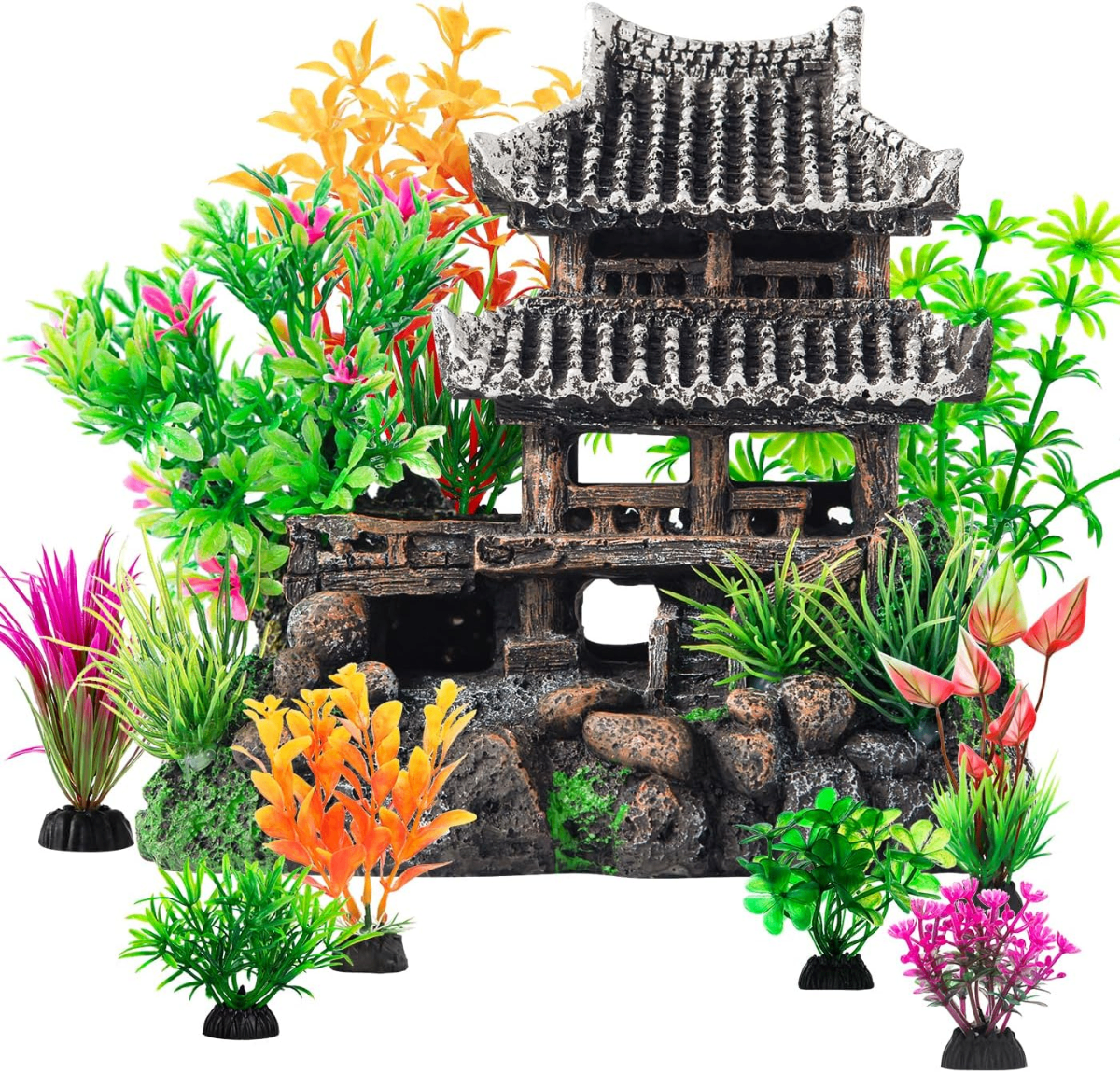 CousDUoBe Castle Aquarium Decoration Set – Realistic Ancient Pagoda with 8 Artificial Plants