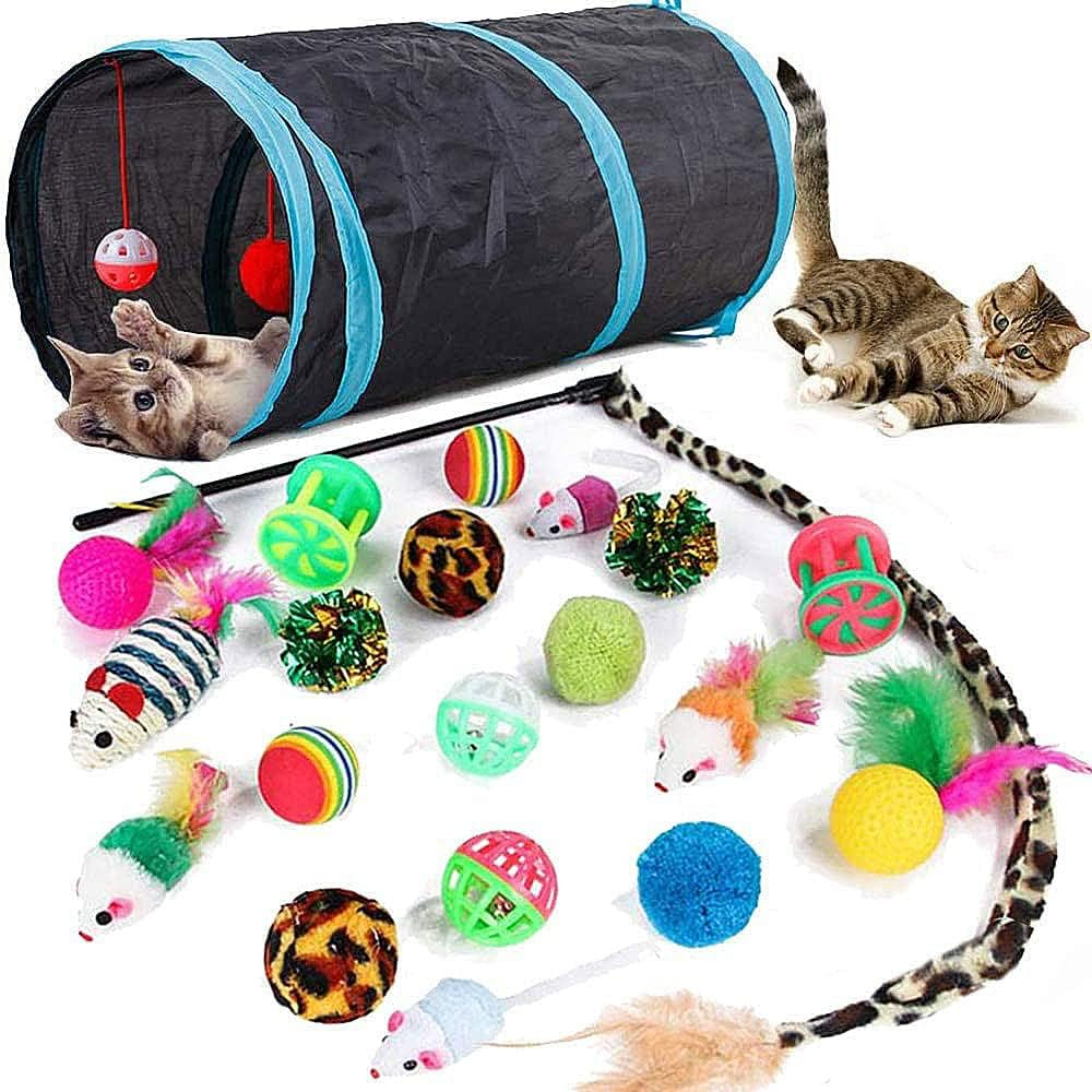 Cat Tunnel & 20-Piece Toy Variety Pack – Collapsible Play Tunnel, Wand, Mice, Balls & Feather Toys for Kittens - Cats Cat Tunnel & 20-Piece Toy Variety Pack – Collapsible Play Tunnel, Wand, Mice, Balls & Feather Toys for Kittens