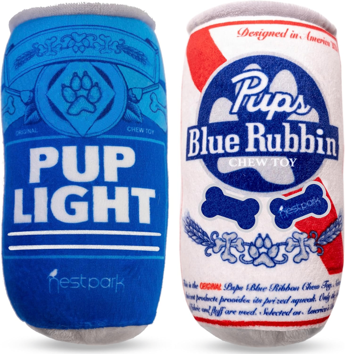 Nestpark "Pup Light" & "Pups Blue Rubbin" Squeaky Dog Toys 2-Pack – Beer Can Parody Plush - Dogs Nestpark "Pup Light" & "Pups Blue Rubbin" Squeaky Dog Toys 2-Pack – Beer Can Parody Plush