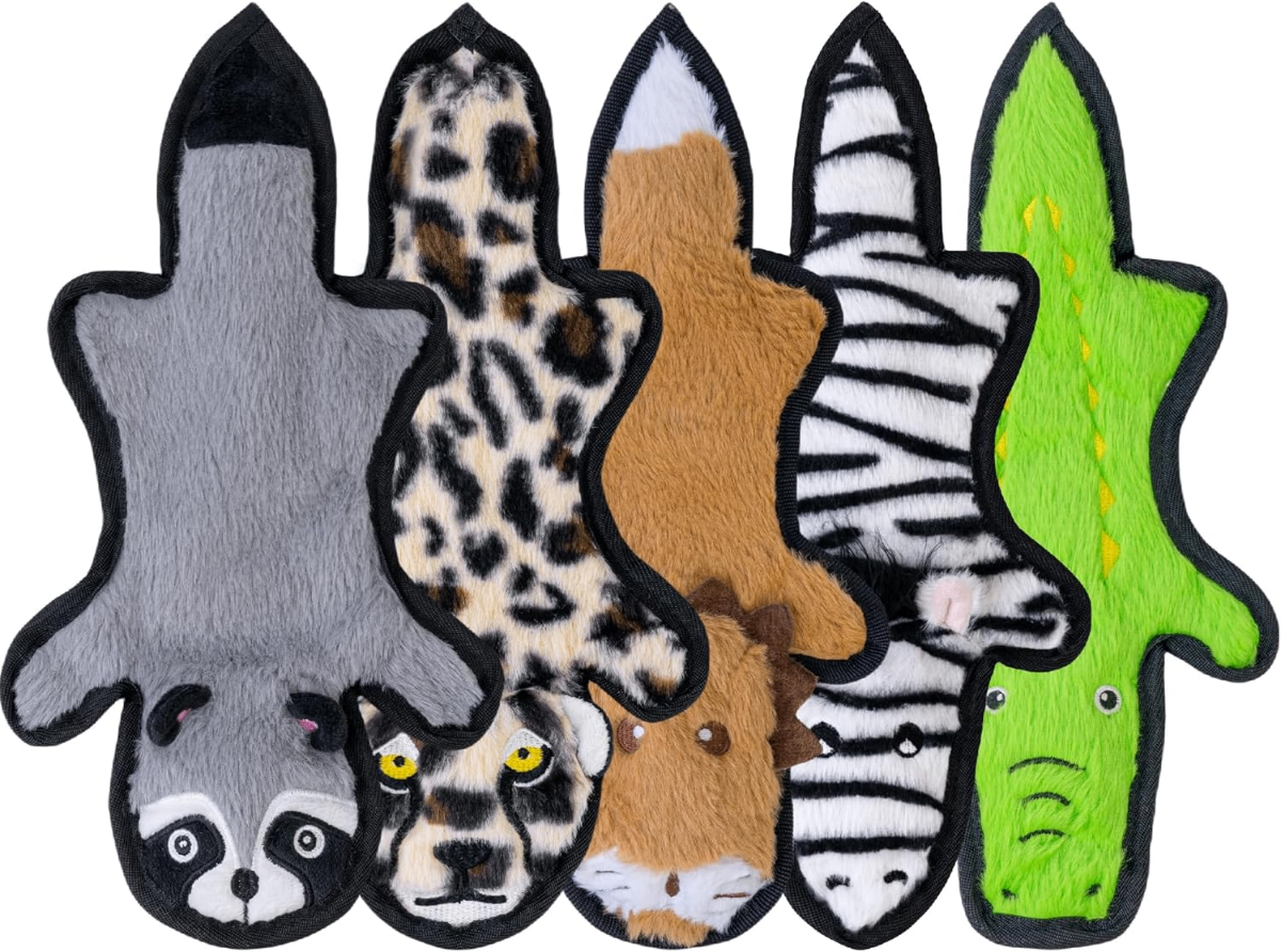 SHARLOVY 5-Pack Stuffless Crinkle Dog Toys – Raccoon, Leopard, Fox, Zebra & Croc - Dogs SHARLOVY 5-Pack Stuffless Crinkle Dog Toys – Raccoon, Leopard, Fox, Zebra & Croc