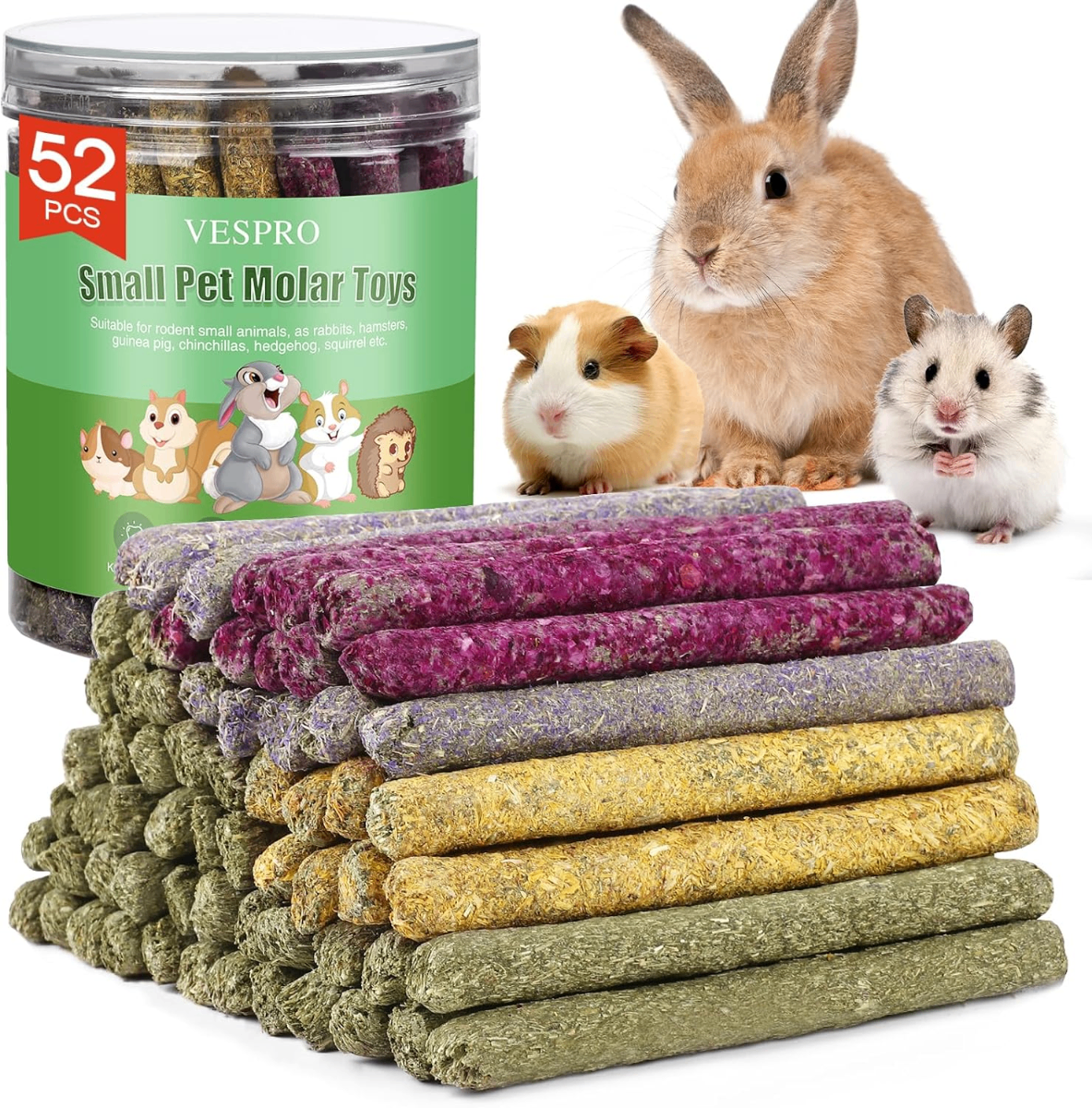 VESPRO 52-Pack Timothy Hay Molar Sticks with Calendula Flowers – Edible Chew Toys for Rabbits, Guinea Pigs & Hamsters - Small Mammals VESPRO 52-Pack Timothy Hay Molar Sticks with Calendula Flowers – Edible Chew Toys for Rabbits, Guinea Pigs & Hamsters