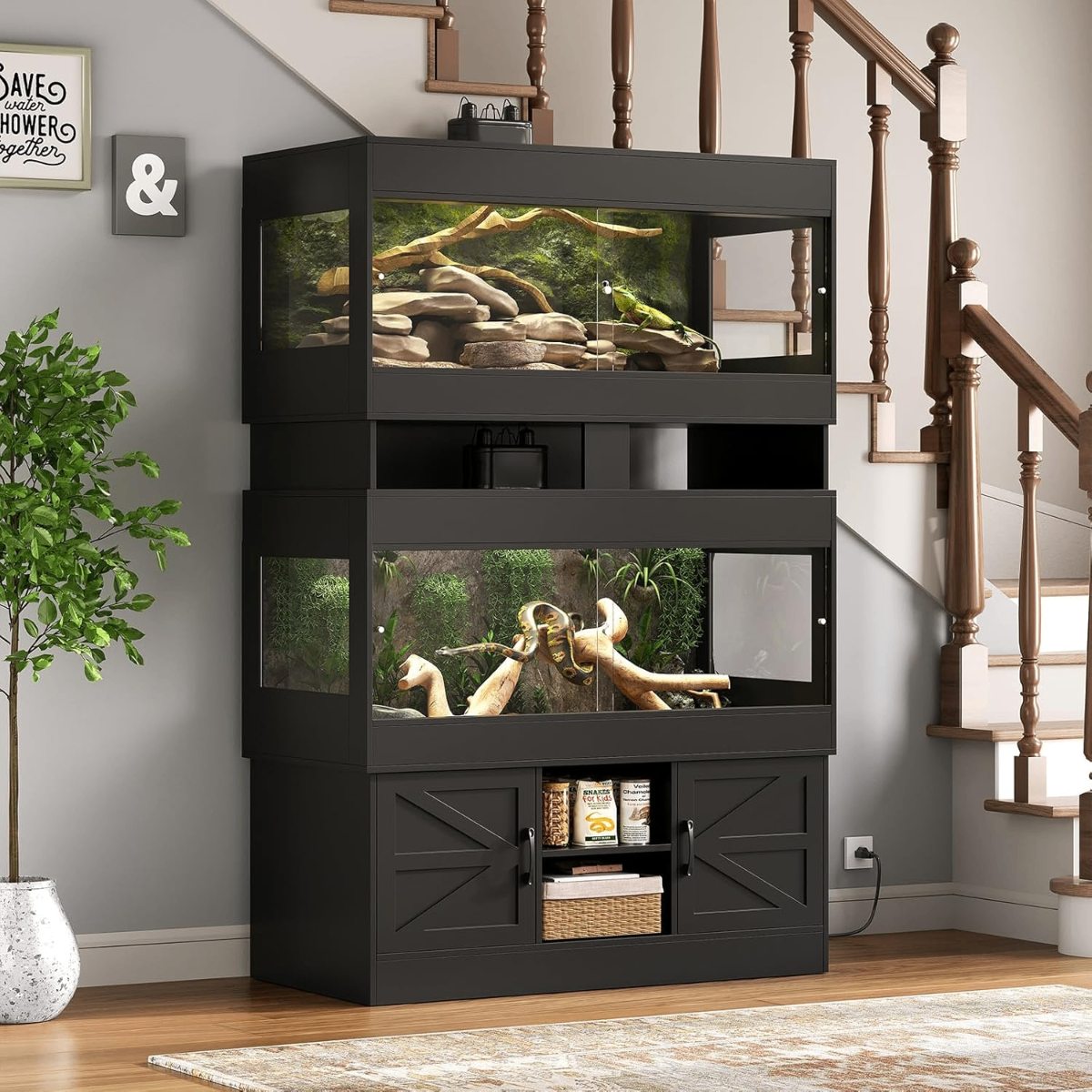 Terroute Double-Stack Reptile Enclosure with Storage Cabinet – 2-Tier Terrarium Tower for Lizards & Snakes - Reptiles Terroute Double-Stack Reptile Enclosure with Storage Cabinet – 2-Tier Terrarium Tower for Lizards & Snakes