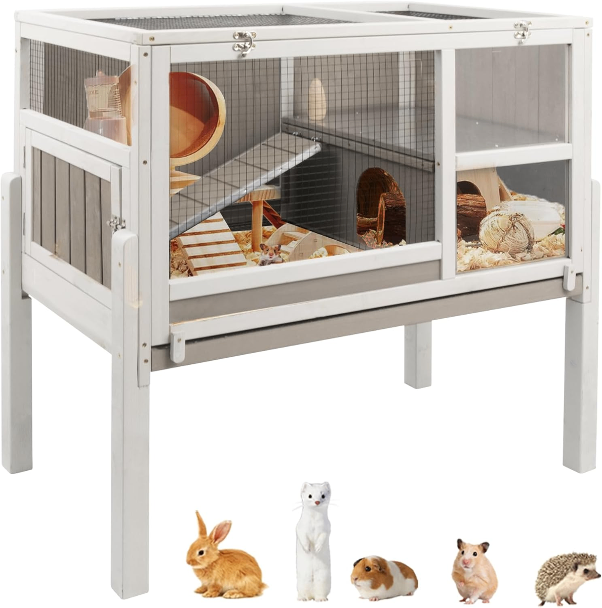 Ketive Wooden Small Animal Habitat – Elevated Multi-Level Cage with Ramps, Wheel & Deep Leakage-Proof Tray - Small Mammals Ketive Wooden Small Animal Habitat – Elevated Multi-Level Cage with Ramps, Wheel & Deep Leakage-Proof Tray