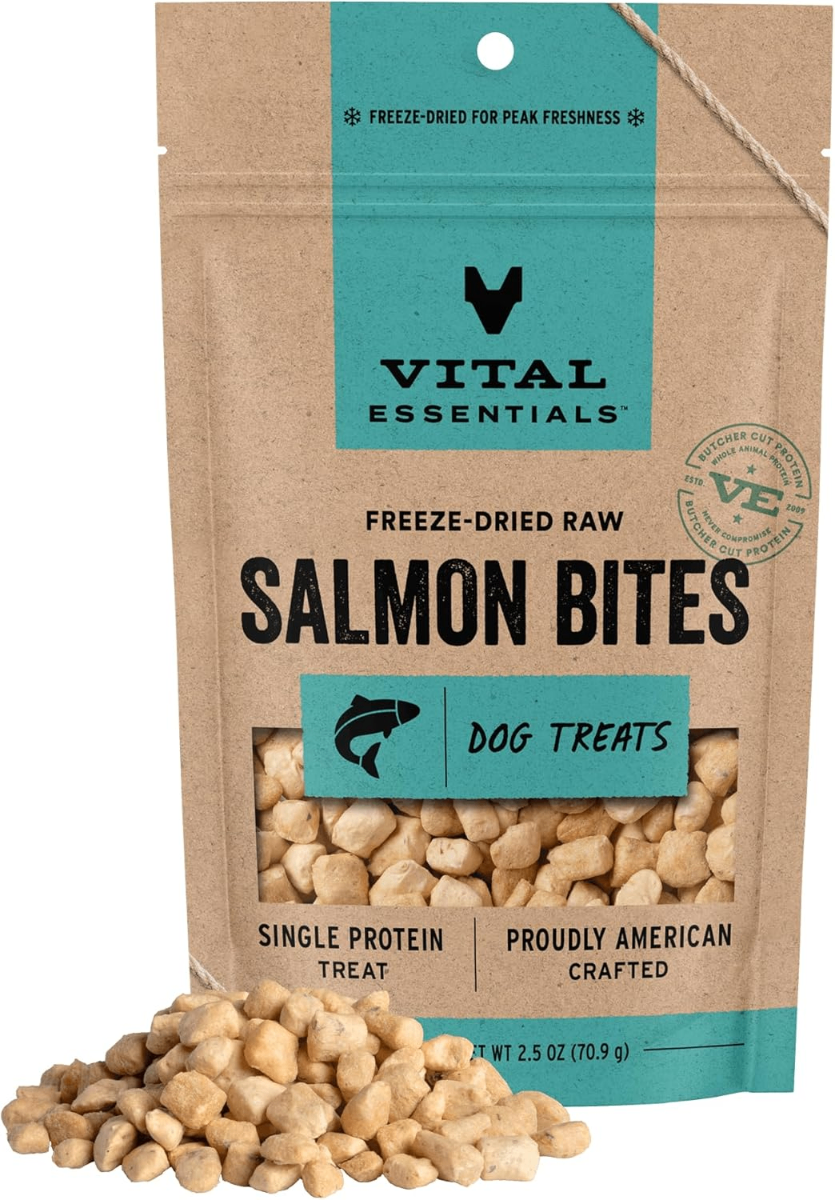 Vital Essentials Freeze-Dried Raw Salmon Bites Dog Treats – Single Protein, American Crafted (2.5 oz) - Dogs Vital Essentials Freeze-Dried Raw Salmon Bites Dog Treats – Single Protein, American Crafted (2.5 oz)