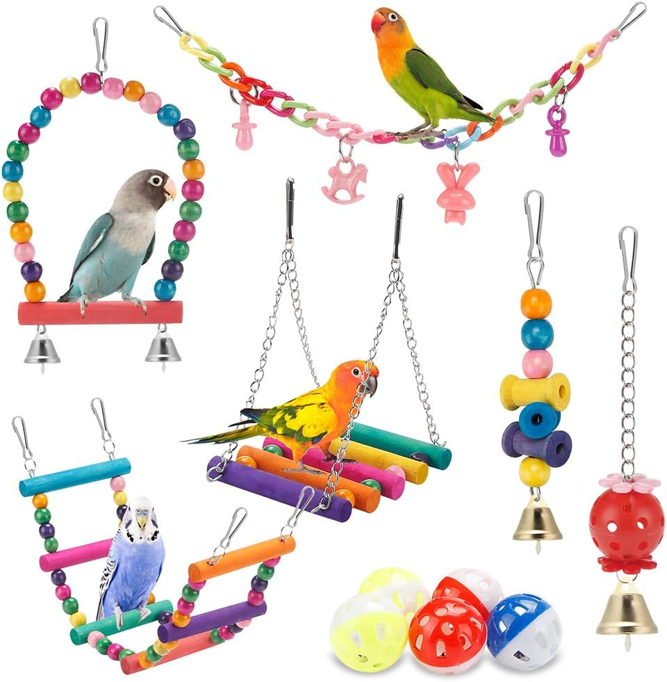 iSbaby 8-Piece Bird Toy Set – Swings, Ladder, Chain Bridge, Jingle Balls & Bell Danglers for Parakeets & Cockatiels - Birds iSbaby 8-Piece Bird Toy Set – Swings, Ladder, Chain Bridge, Jingle Balls & Bell Danglers for Parakeets & Cockatiels