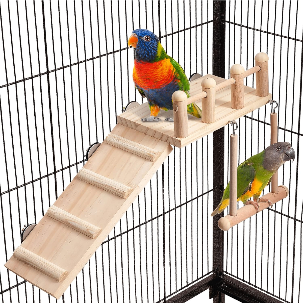 FrgKbTm Natural Wood Bird Platform Set – Climbing Ladder, Landing Perch & Hanging Bar for Parrots & Conures - Birds FrgKbTm Natural Wood Bird Platform Set – Climbing Ladder, Landing Perch & Hanging Bar for Parrots & Conures