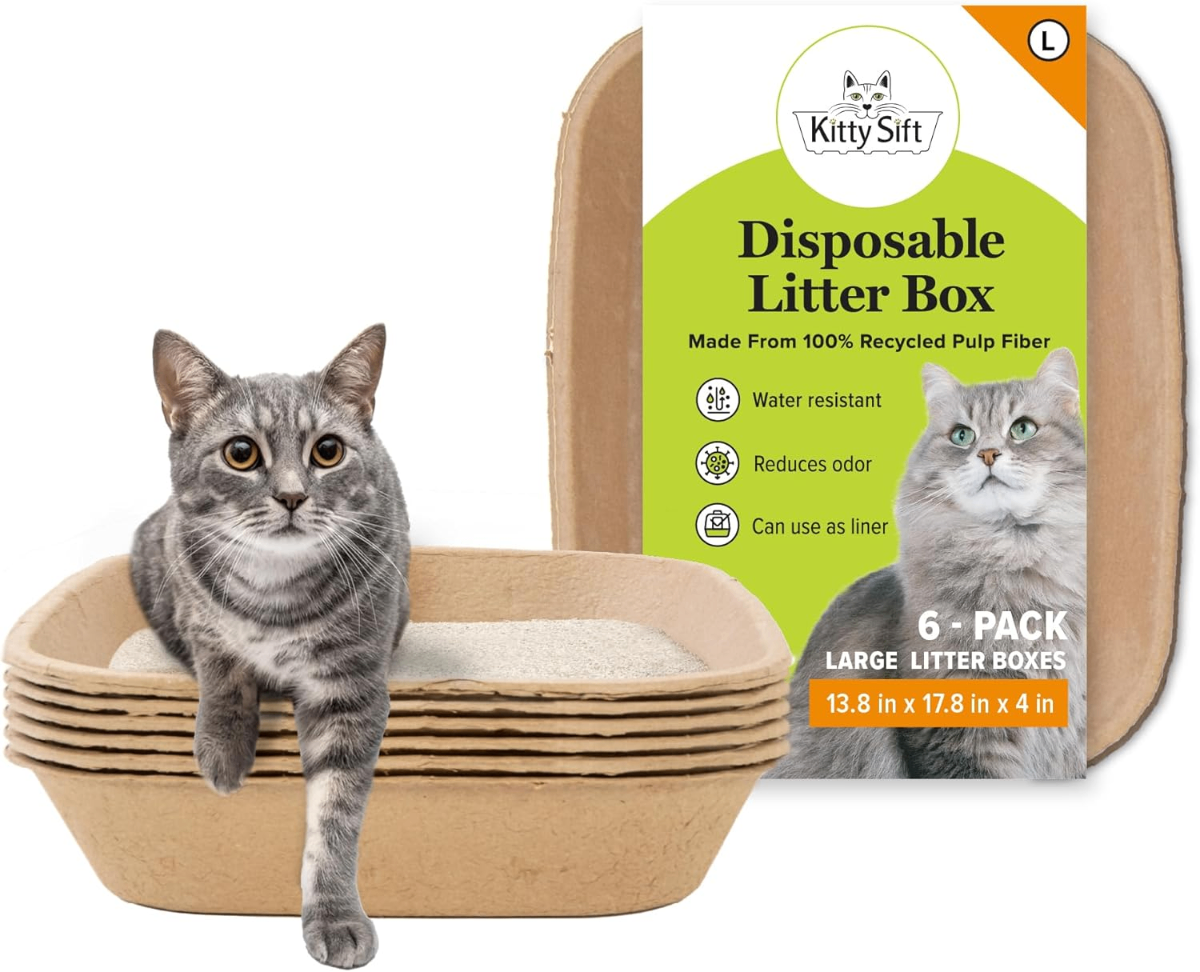 Kitty Sift 6-Pack Disposable Litter Box – 100% Recycled Pulp Fiber, Large (13.8" x 17.8") - Cats Kitty Sift 6-Pack Disposable Litter Box – 100% Recycled Pulp Fiber, Large (13.8" x 17.8")