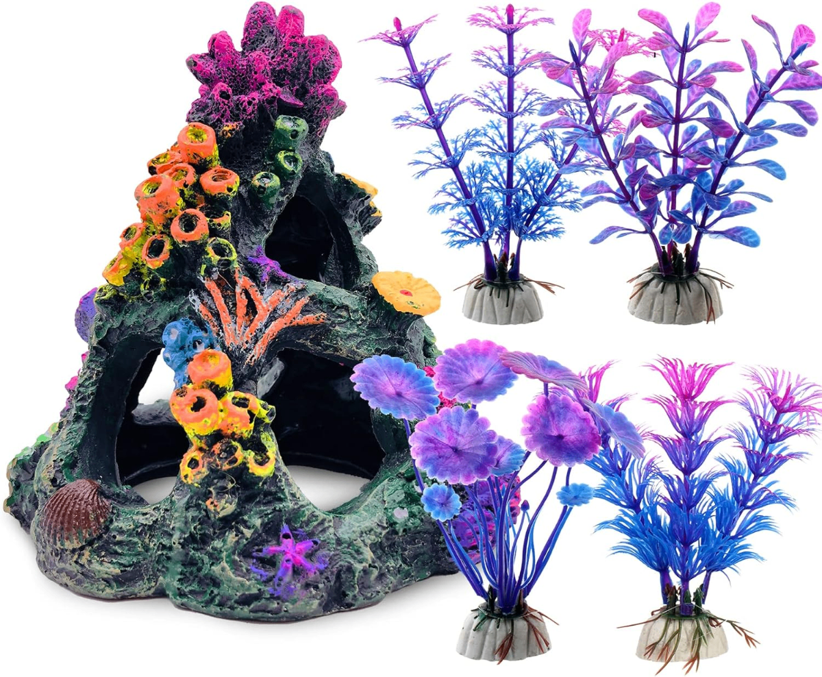 GSD Aquarium Decoration Set – Coral Reef Mountain Cave with 4 Colorful Artificial Plants