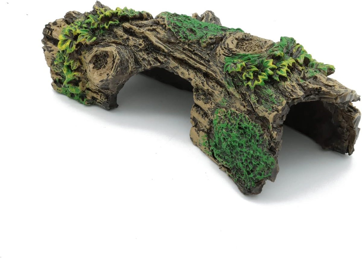 JIH Hollow Log Aquarium Decoration – Natural Wood-Look Cave with Moss Accents