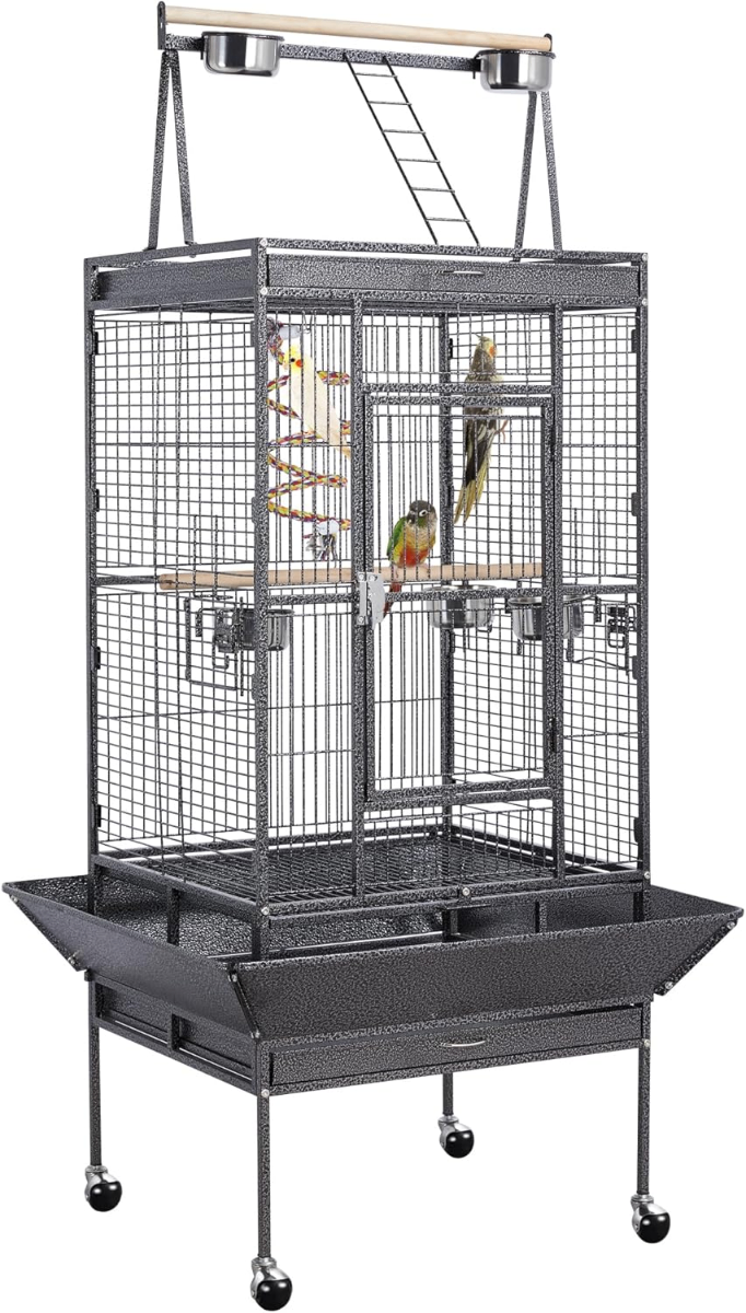 Large Bird Cage with Play Top – Rolling Parrot Aviary with Perches, Rope Ladder & Stainless Bowls - Birds Large Bird Cage with Play Top – Rolling Parrot Aviary with Perches, Rope Ladder & Stainless Bowls