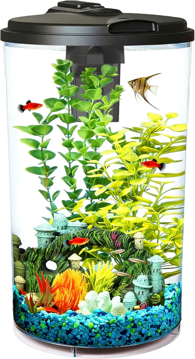 Koller Products 6-Gallon AquaView 360° Cylinder Fish Tank – LED Lighting & Power Filter Included