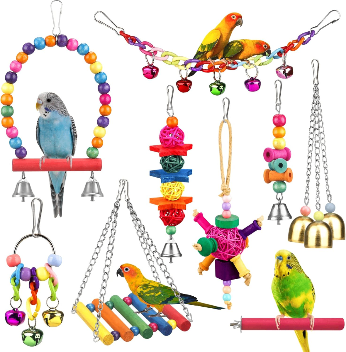 Colorful 10-Piece Bird Toy Set – Swings, Ladders, Chew Toys & Bells for Parakeets, Cockatiels & Lovebirds - Birds Colorful 10-Piece Bird Toy Set – Swings, Ladders, Chew Toys & Bells for Parakeets, Cockatiels & Lovebirds