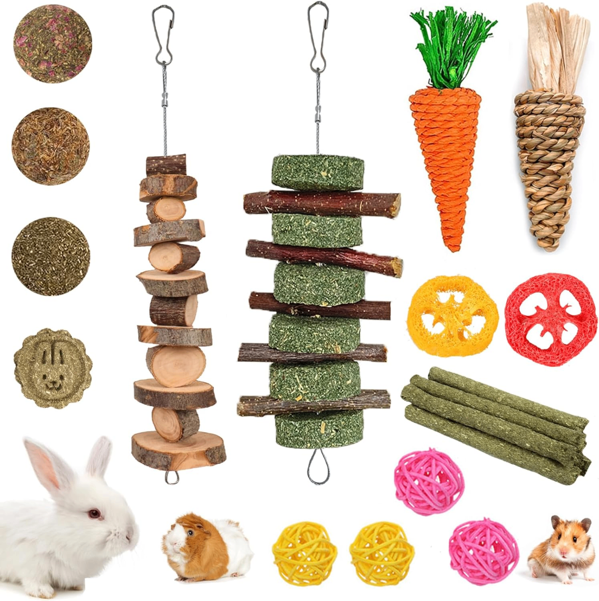 Grddaef Natural Timothy Hay & Apple Wood Chew Toy Bundle – 18-Piece Molar Kit for Rabbits, Guinea Pigs & Hamsters - Small Mammals Grddaef Natural Timothy Hay & Apple Wood Chew Toy Bundle – 18-Piece Molar Kit for Rabbits, Guinea Pigs & Hamsters