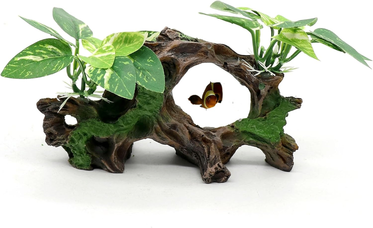 relaqcc Aquarium Driftwood Decoration with Artificial Plants – Natural Resin Fish Tank Hideout