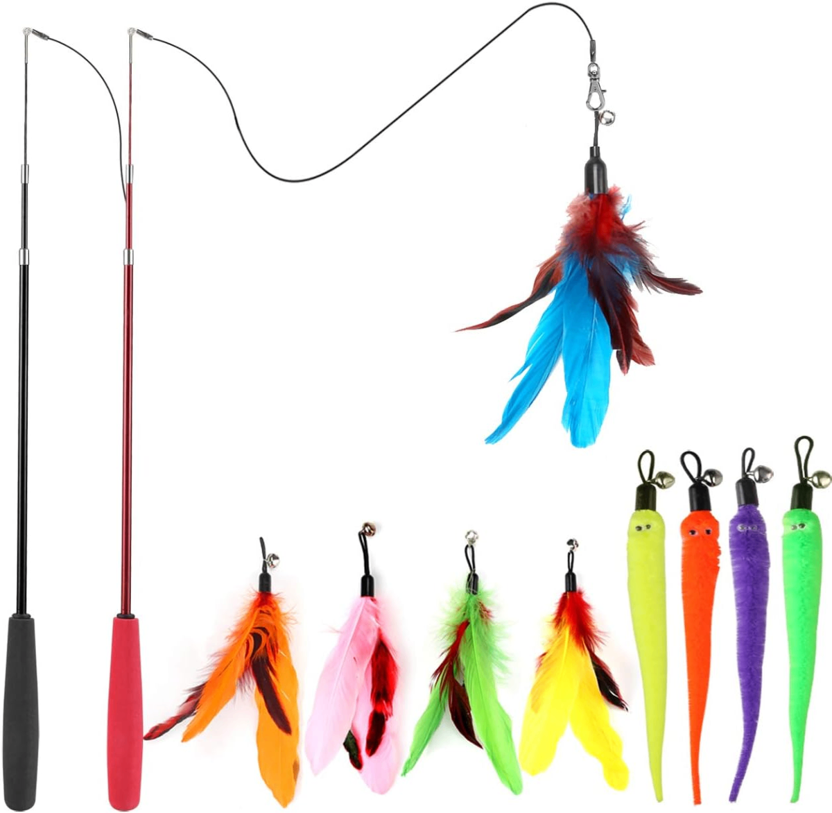 Retractable Feather Wand Cat Toy Set – 2 Telescopic Wands with 8 Interchangeable Feather & Worm Attachments - Cats Retractable Feather Wand Cat Toy Set – 2 Telescopic Wands with 8 Interchangeable Feather & Worm Attachments