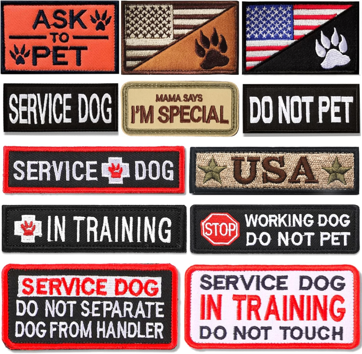 12-Pack Tactical Dog Patches – Service Dog, In Training, Ask to Pet, USA Flag & More - Dogs 12-Pack Tactical Dog Patches – Service Dog, In Training, Ask to Pet, USA Flag & More