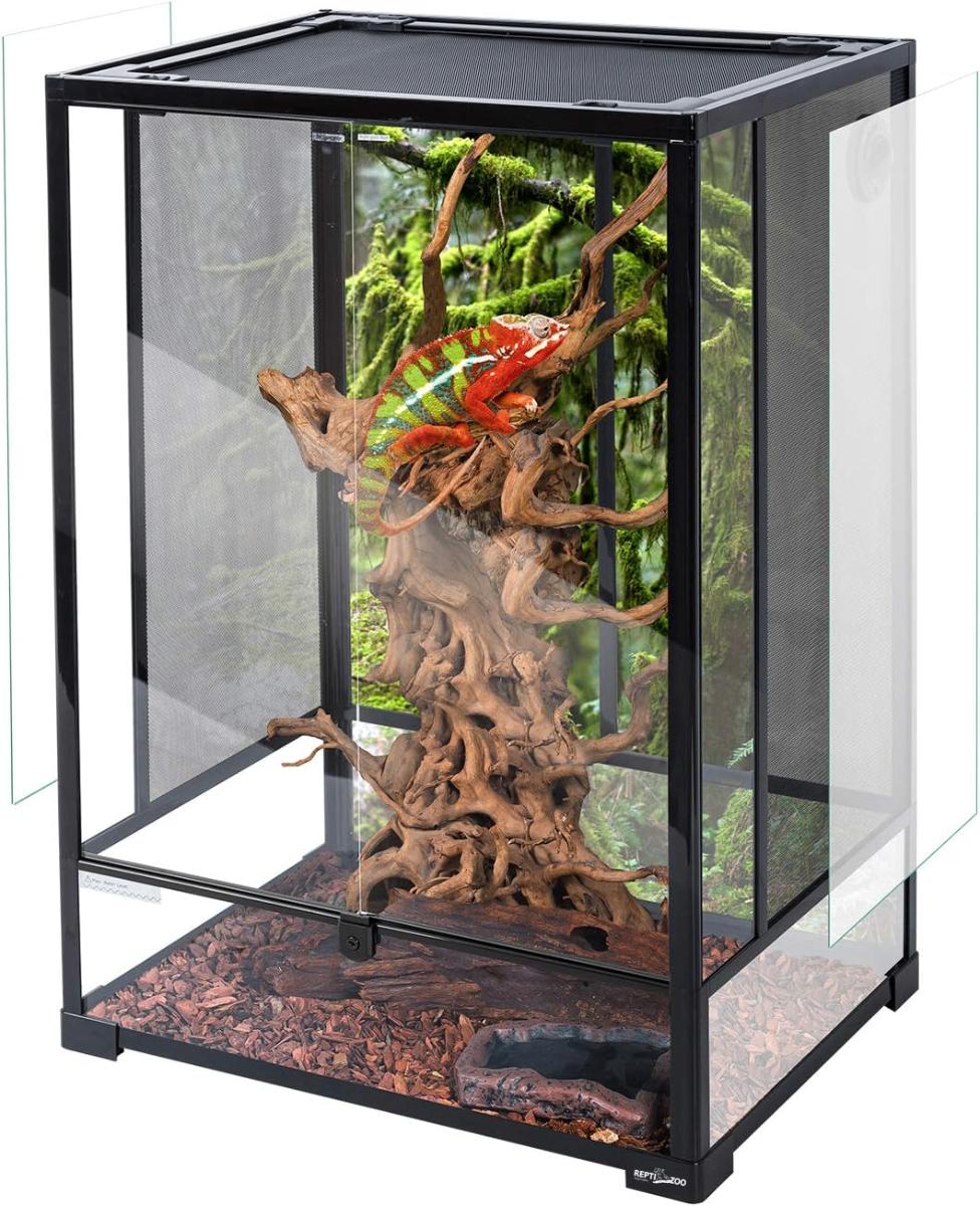 REPTI ZOO Tall Glass Terrarium – Rainforest Chameleon Enclosure with Full Mesh Ventilation - Reptiles REPTI ZOO Tall Glass Terrarium – Rainforest Chameleon Enclosure with Full Mesh Ventilation