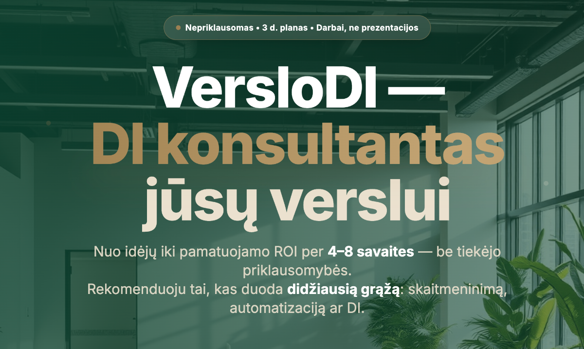Verslodi.lt AI consulting landing page with calendar booking