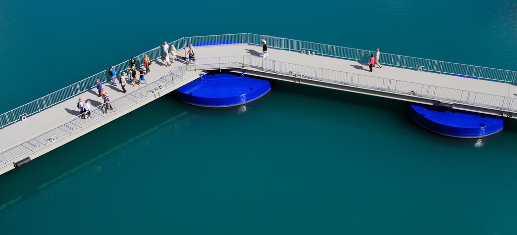 SeaWalk floating pier safety railings — engineered protection unlike traditional permanent piers