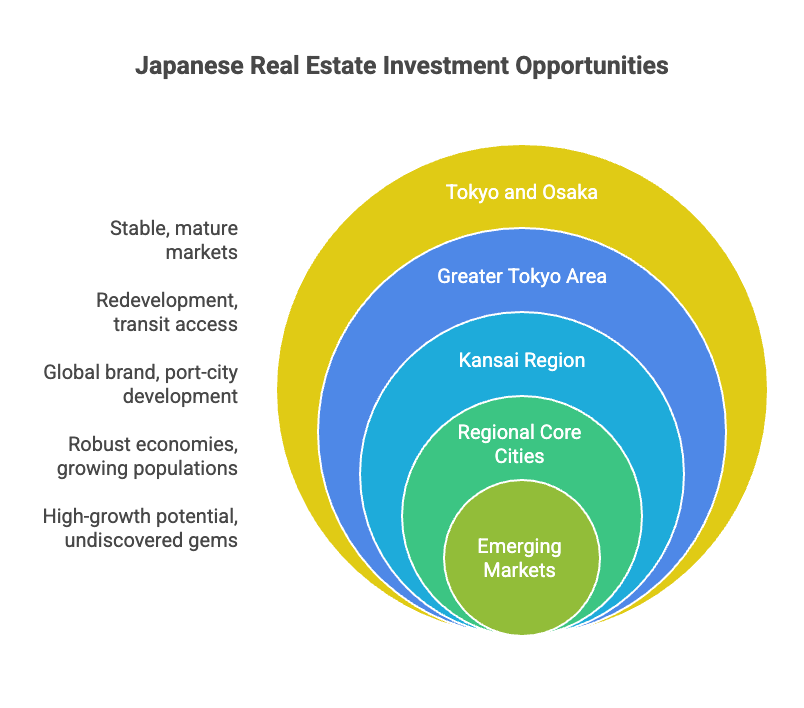 Japanese Real Estate Investment Opportunities - Concentric circles showing market levels from Tokyo and Osaka (stable, mature markets) to Emerging Markets (high-growth potential)