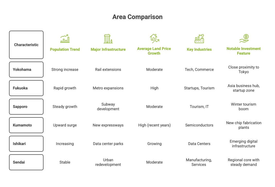 Area Comparison - Yokohama, Fukuoka, Sapporo, Kumamoto, Ishikari, Sendai showing population trends, infrastructure, land price growth, key industries, and investment features