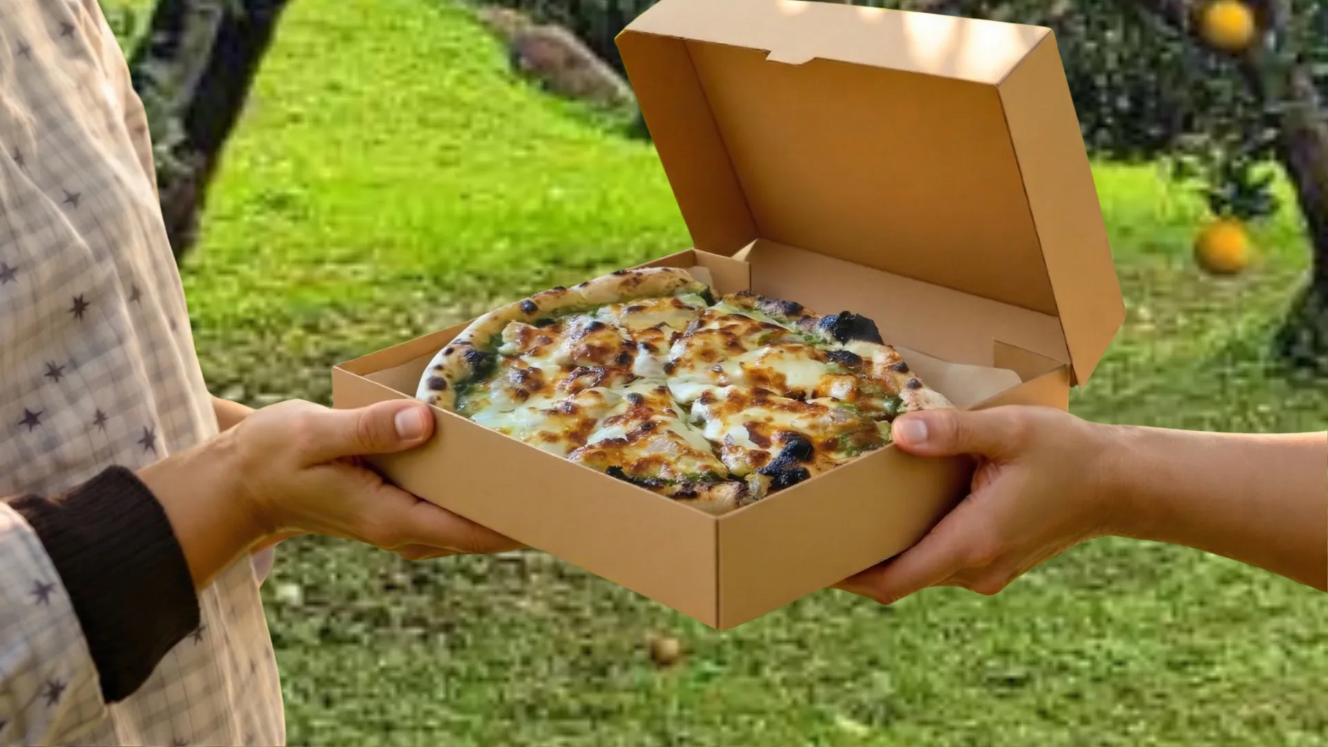ピザの箱を持って
