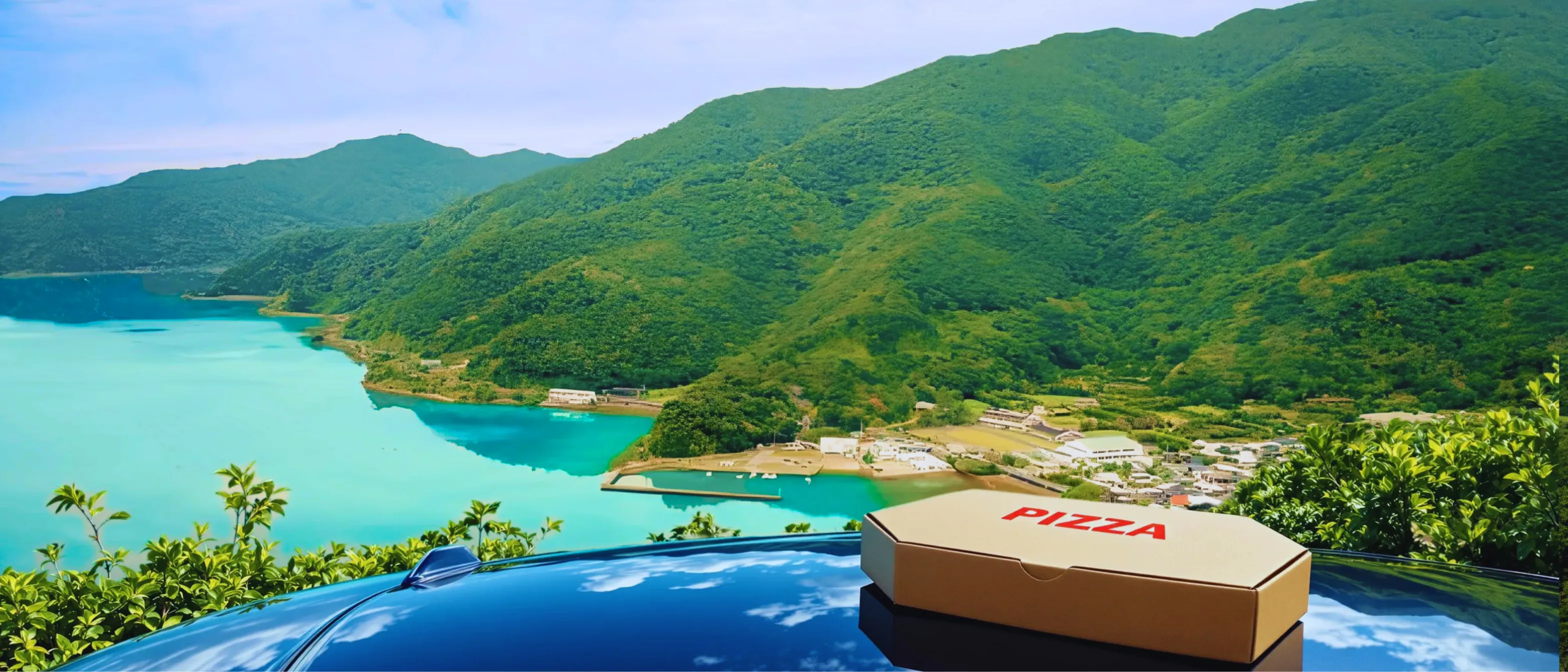 車のボンネットの上にピザの箱 - 奄美の海と山