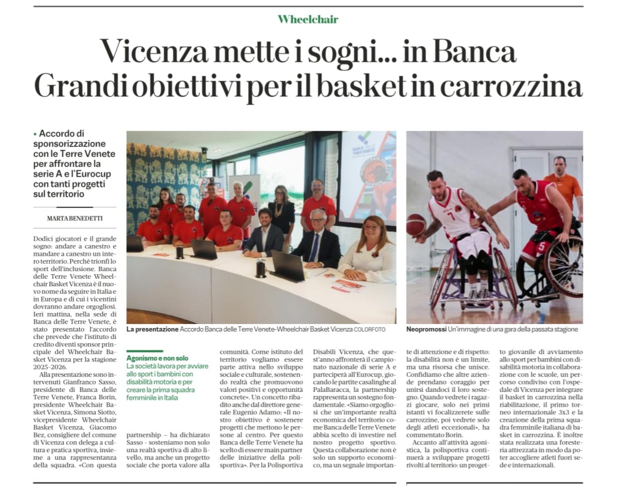 Vicenza mette i sogni... in Banca Grandi obiettivi per il basket in carrozzina