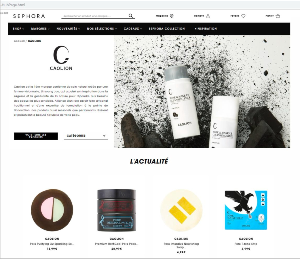 Caolion featured on Sephora France - Pore and Make-up Cleansing Stick and skincare products