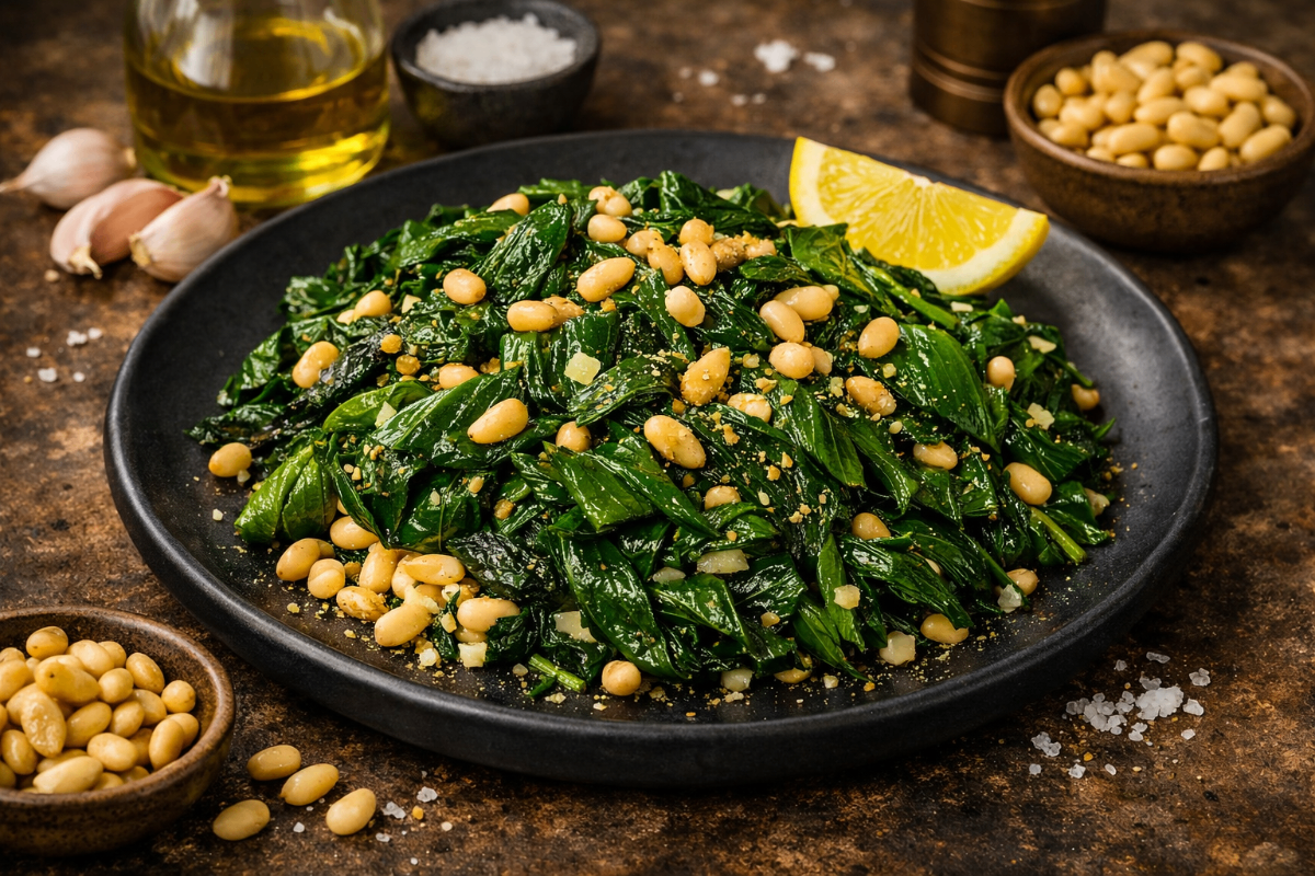 Salteado de Hoja de Malanga con Ajo y Piñones