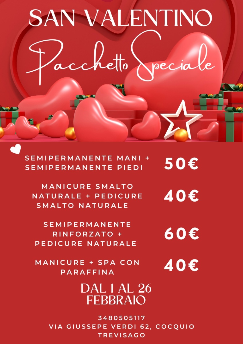 Offerte speciali Nails By Sandra - Pacchetti manicure e pedicure San Valentino Pacchetto speciale San Valentino - Semipermanente mani e piedi, Manicure e Pedicure smalto naturale, Spa mani con parafina
