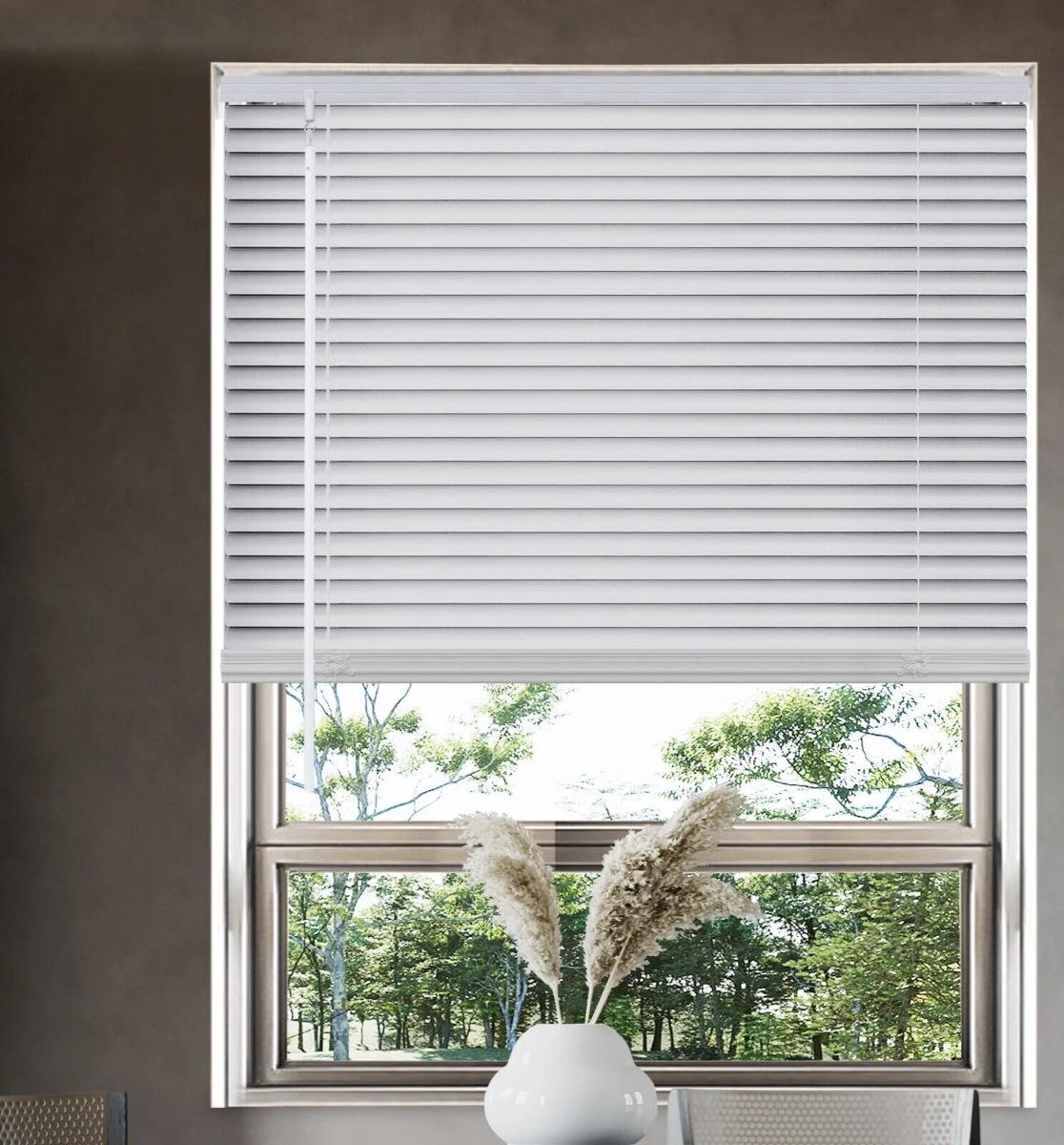 Raised Faux Wood Blinds with Garden View