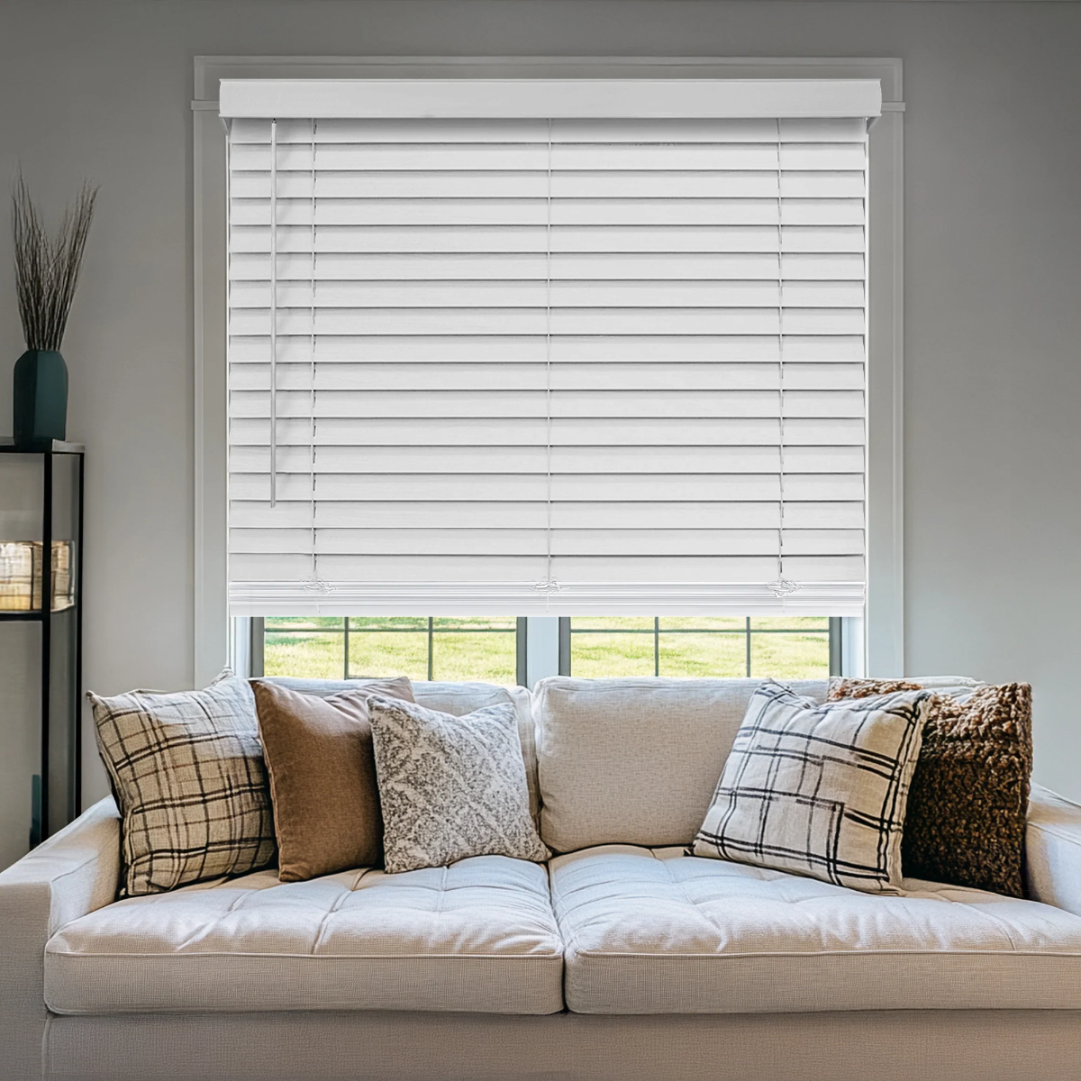 White Faux Wood Blinds in Living Room