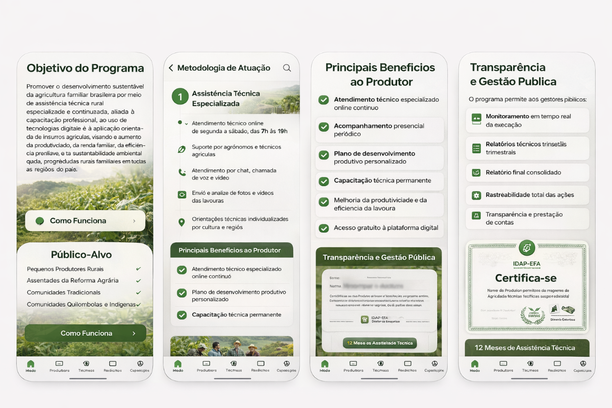 Plataforma IDAP-EFA - Interface completa mostrando Objetivo do Programa, Metodologia de Atuação, Principais Benefícios ao Produtor e Transparência e Gestão Pública