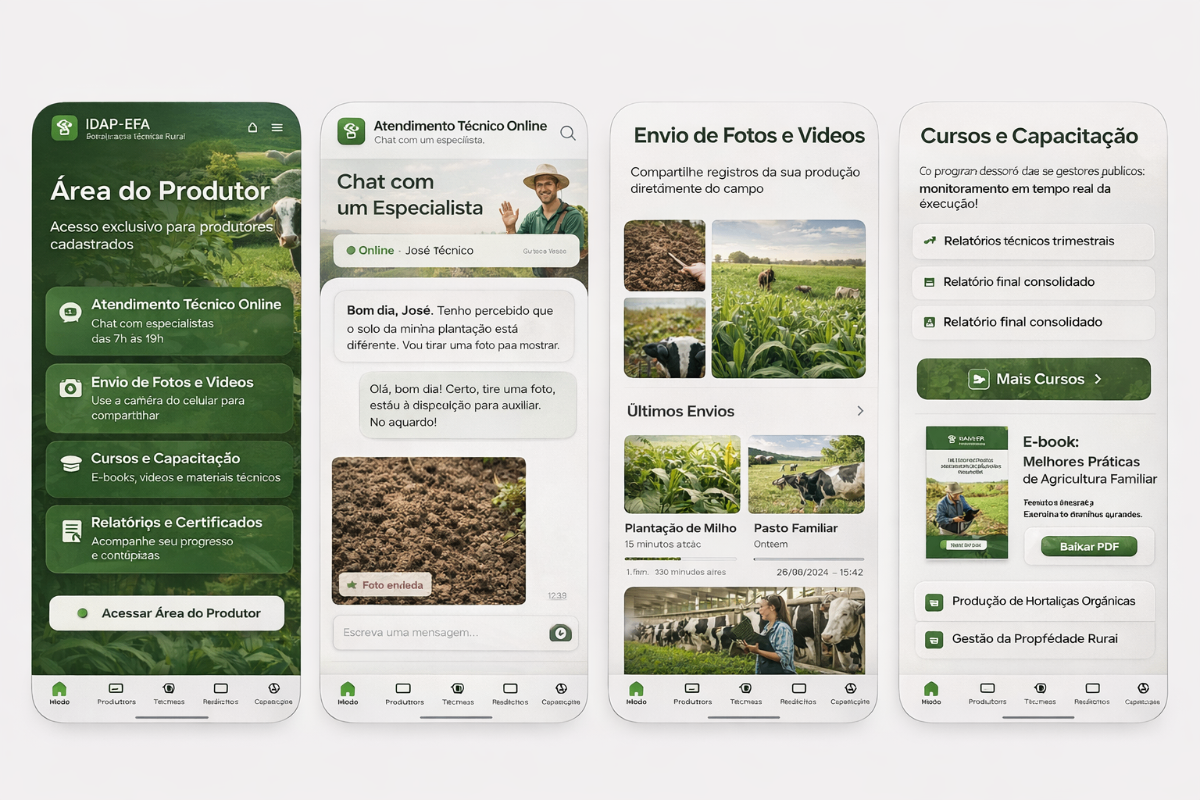 Área do Produtor - Menu principal com Atendimento Técnico Online, Envio de Fotos e Vídeos, Cursos e Capacitação