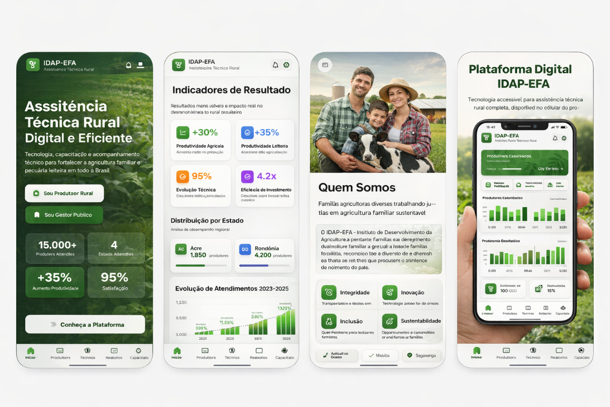 Plataforma IDAP-EFA - Tela de Assistência Técnica Rural Digital e Eficiente com indicadores de produtividade agrícola e leiteira