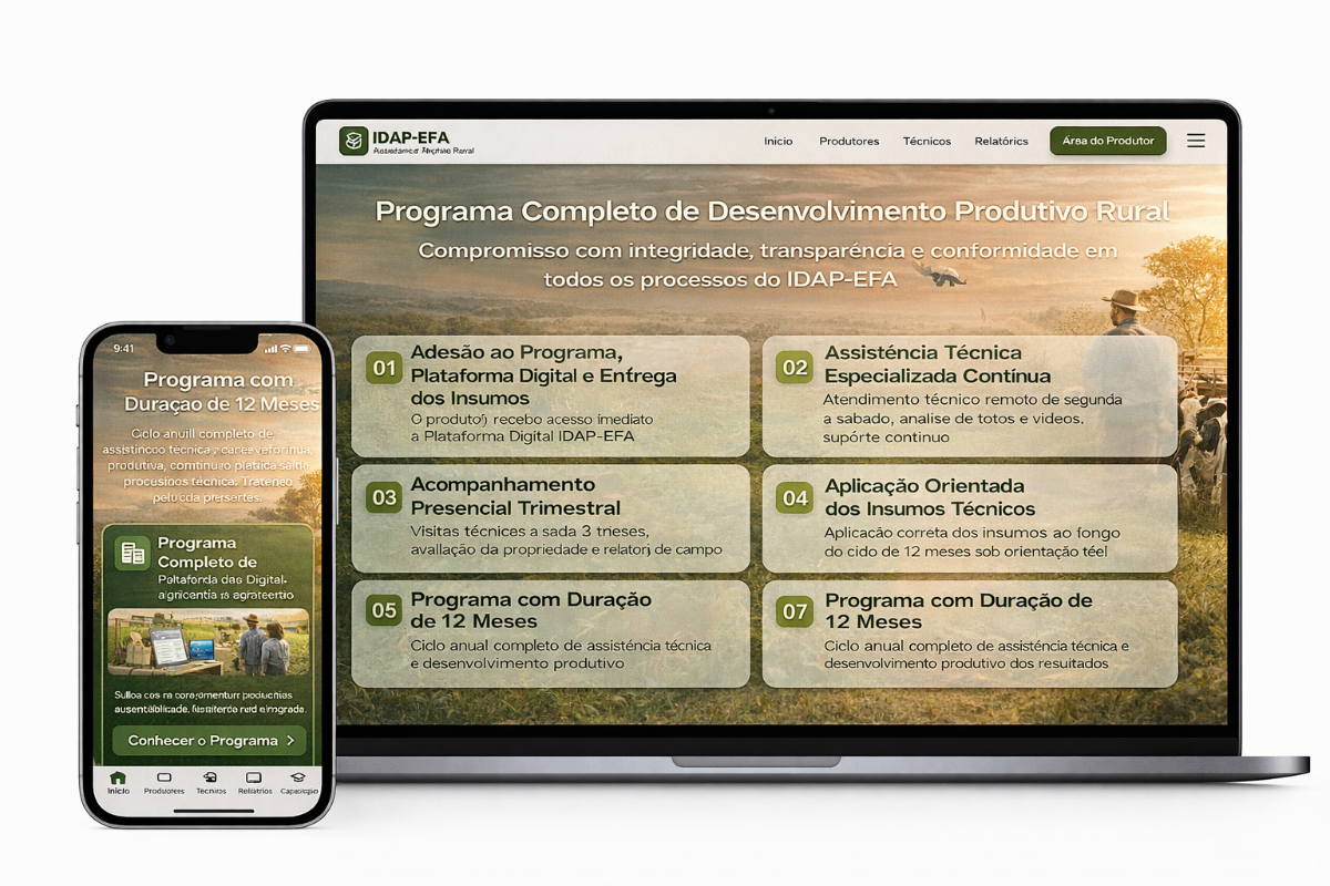 Programa Completo de Desenvolvimento Produtivo Rural - Aplicativo IDAP-EFA mostrando mobile e desktop com as 8 etapas do programa: adesão, assistência técnica, acompanhamento presencial, aplicação de insumos, capacitação, duração de 12 meses, relatórios e certificação