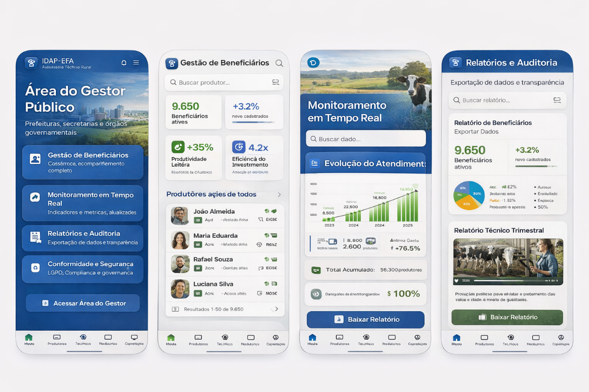 Área do Gestor Público - Menu principal com Gestão de Beneficiários, Monitoramento, Relatórios e Conformidade