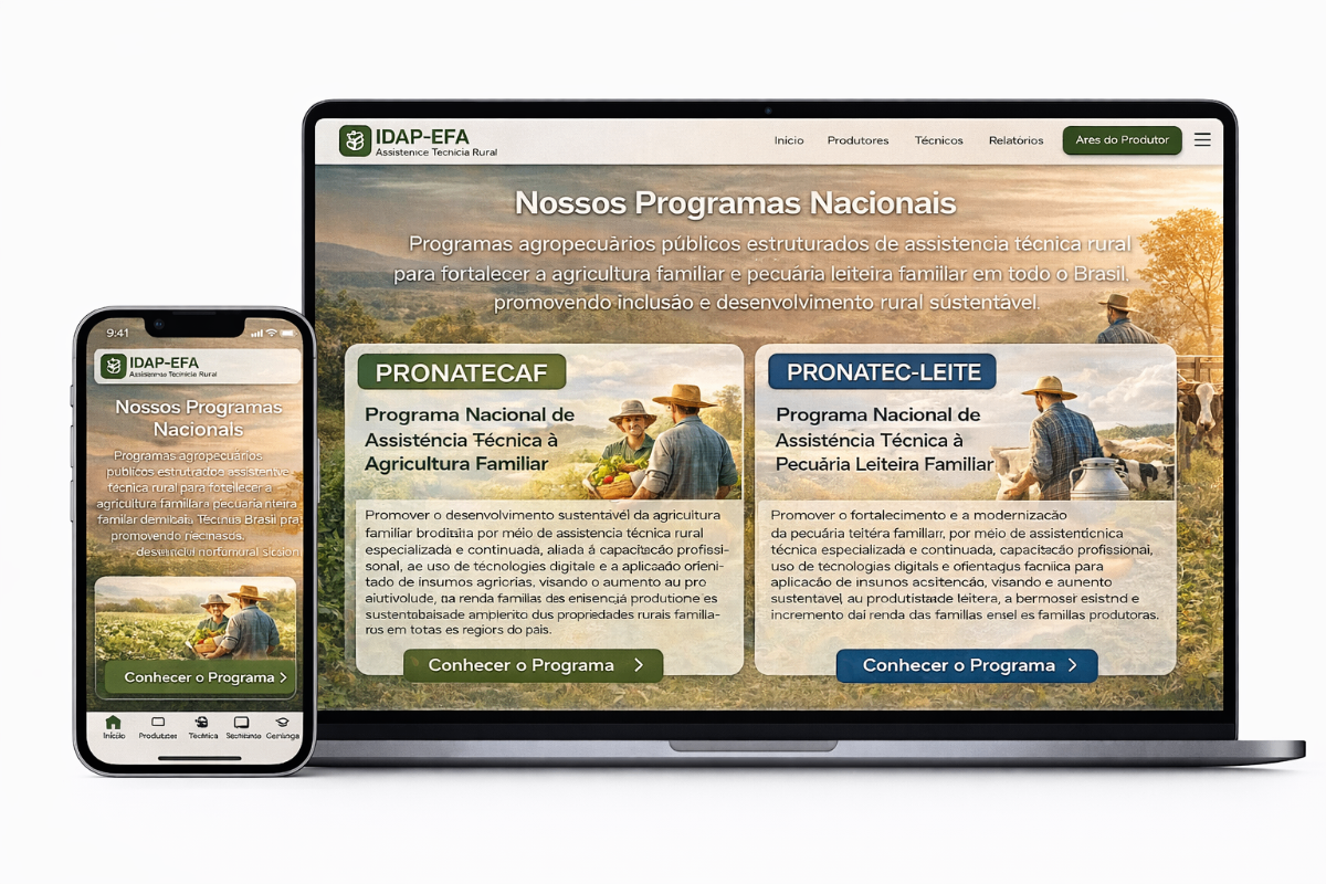 App IDAP-EFA - Tela Nossos Programas Nacionais mostrando PRONATECAF (Programa Nacional de Assistência Técnica à Agricultura Familiar) e PRONATEC-LEITE (Programa Nacional de Assistência Técnica à Pecuária Leiteira Familiar) em dispositivos mobile e desktop