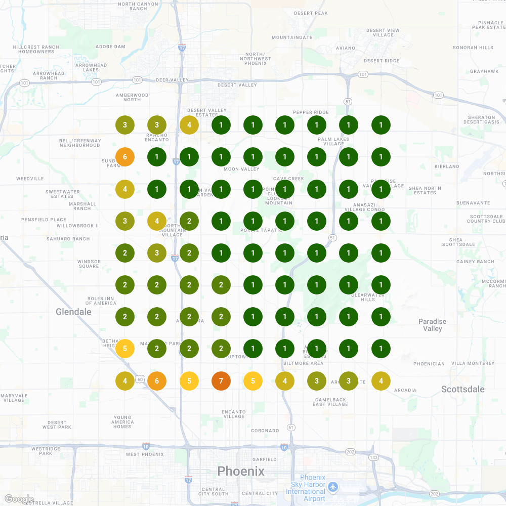 After optimization heatmap showing 15x15 grid with predominantly dark red and orange cells indicating widespread visibility and top rankings across North Phoenix and surrounding neighborhoods for armed security guard searches