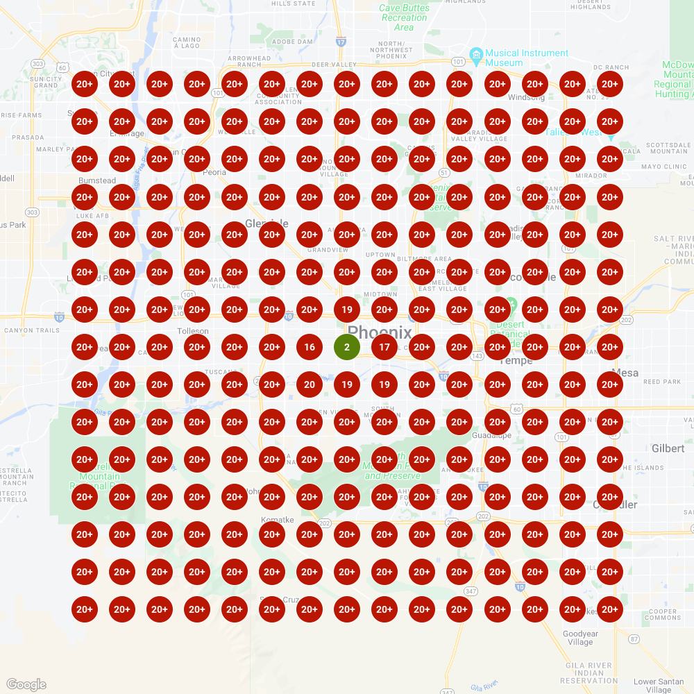 Before optimization heatmap showing limited visibility across North Phoenix service area with rankings mostly in the 15-20+ range