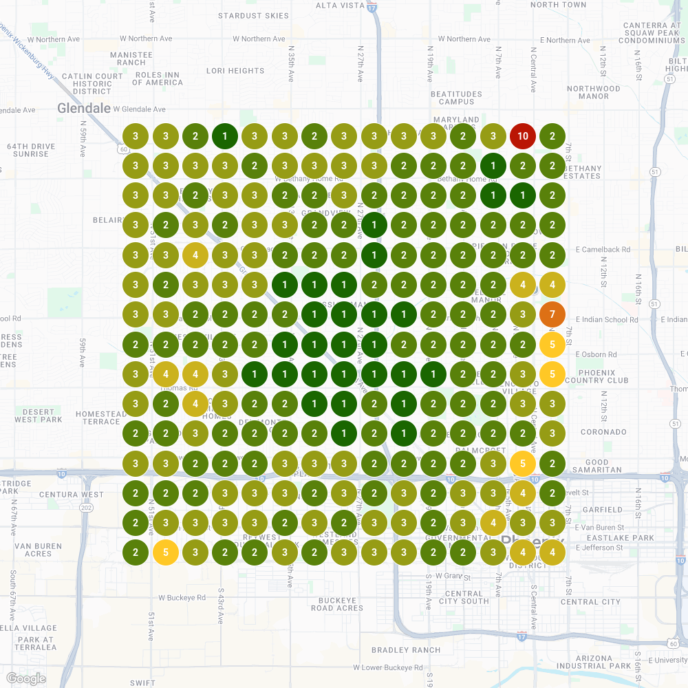 After optimization heatmap showing dramatically improved visibility with consistent top rankings across Phoenix service area