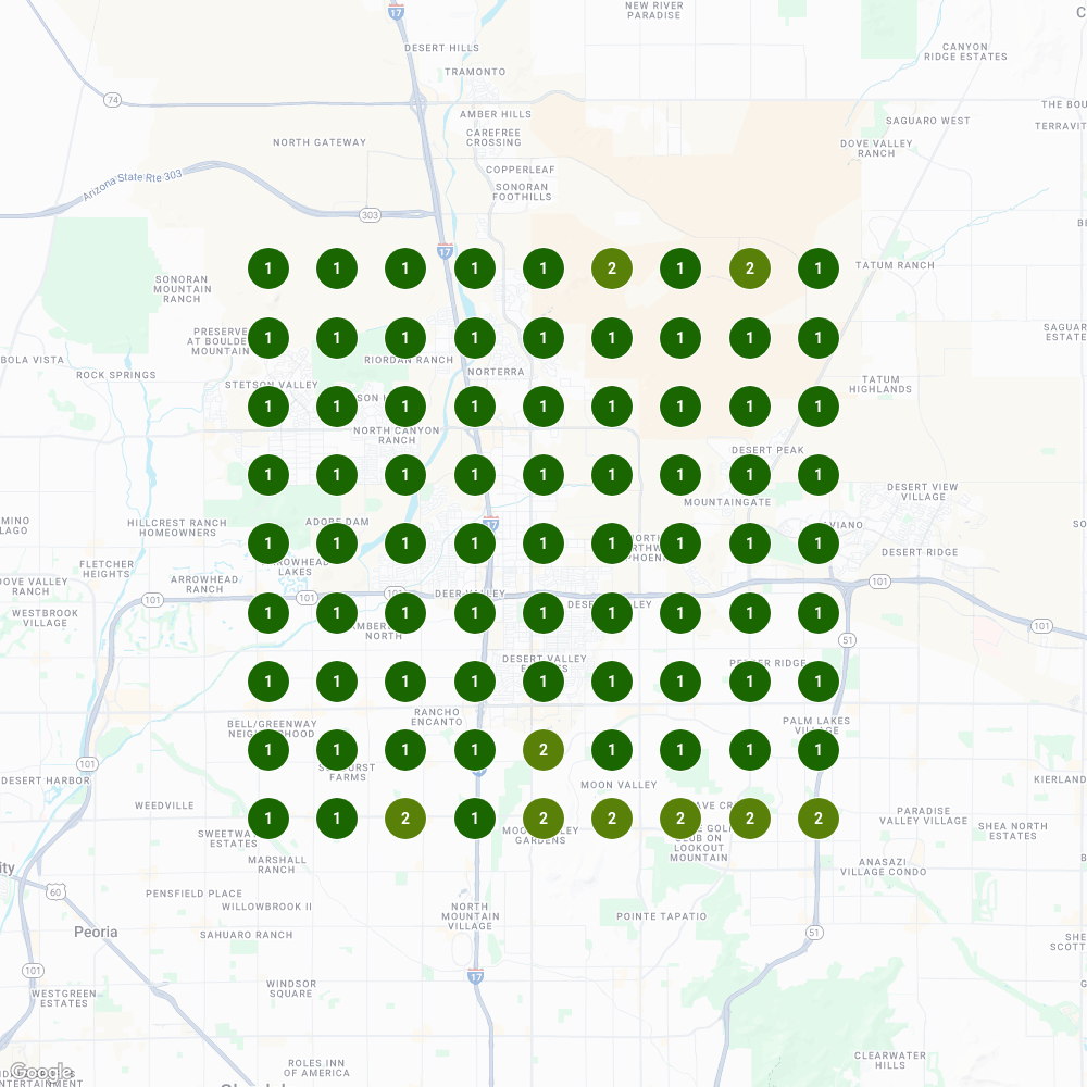 After optimization heatmap showing dramatically improved visibility with top rankings across North Phoenix and surrounding neighborhoods