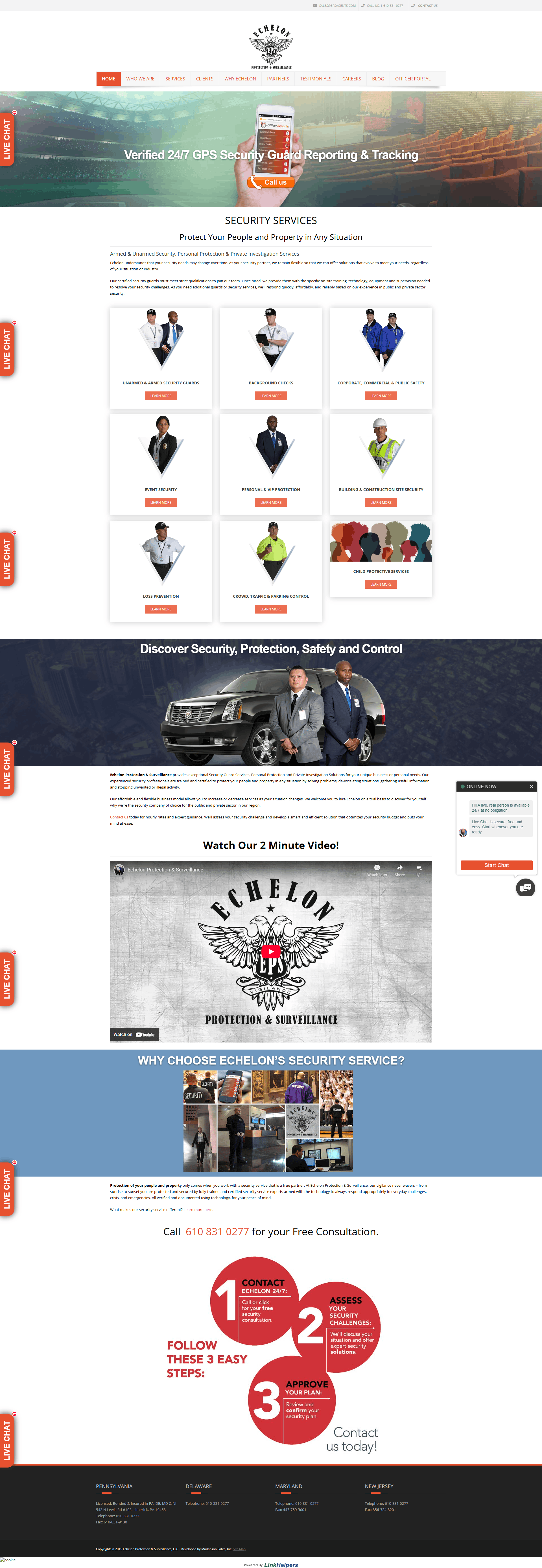 Before redesign: Outdated security company website with cluttered layout, poor typography, and dated design