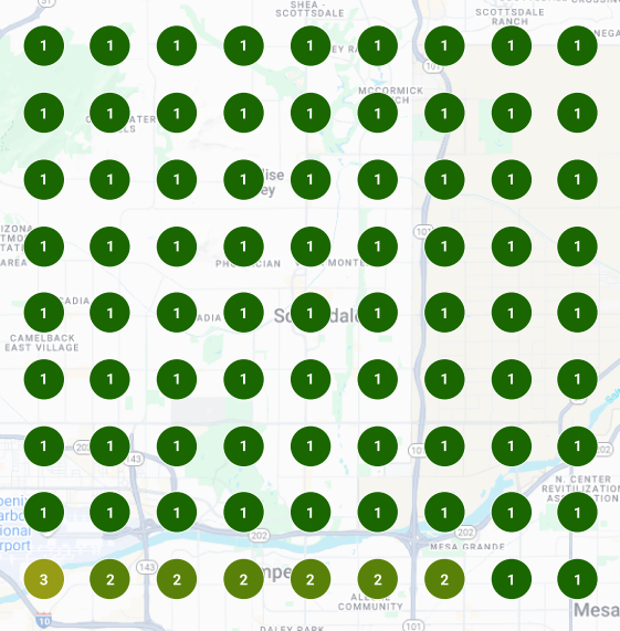 Phoenix service area heatmap showing 9x9 grid with predominantly dark red cells indicating number 1 and 2 map pack rankings across all grid points for outdoor adventure related searches